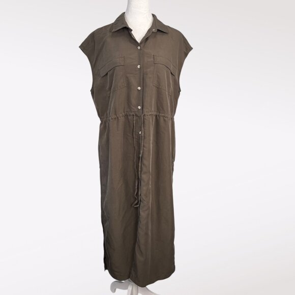 Old Navy Green Button Front Shirt Dress Drawstring Waist Midi Small - Picture 1 of 7
